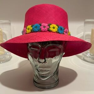 Vintage Adolfo II hot pink hat with bright yarn yellow,blue,and pink floral trim
